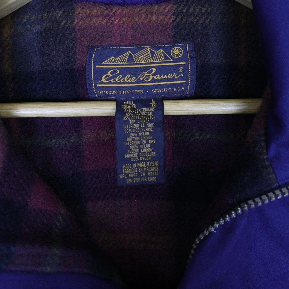 Eddie‎ Bauer Parka Coat Jacket Men Large Plaid Wool Lining Mountain Parka Blue